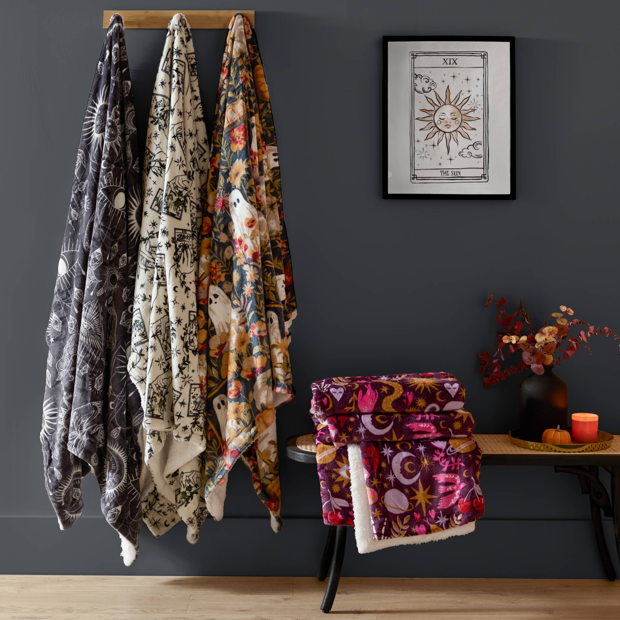 Constellation Printed Sherpa Fleece Throw Charcoal Cream