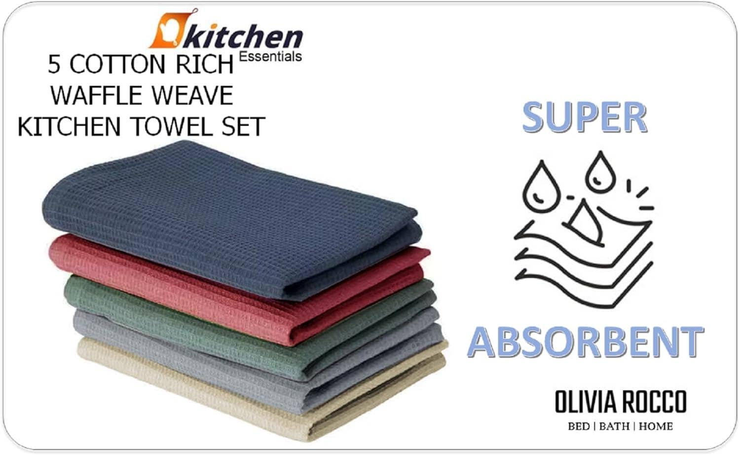 OLIVIA ROCCO Pack Of 5 Waffle Kitchen Tea Towels