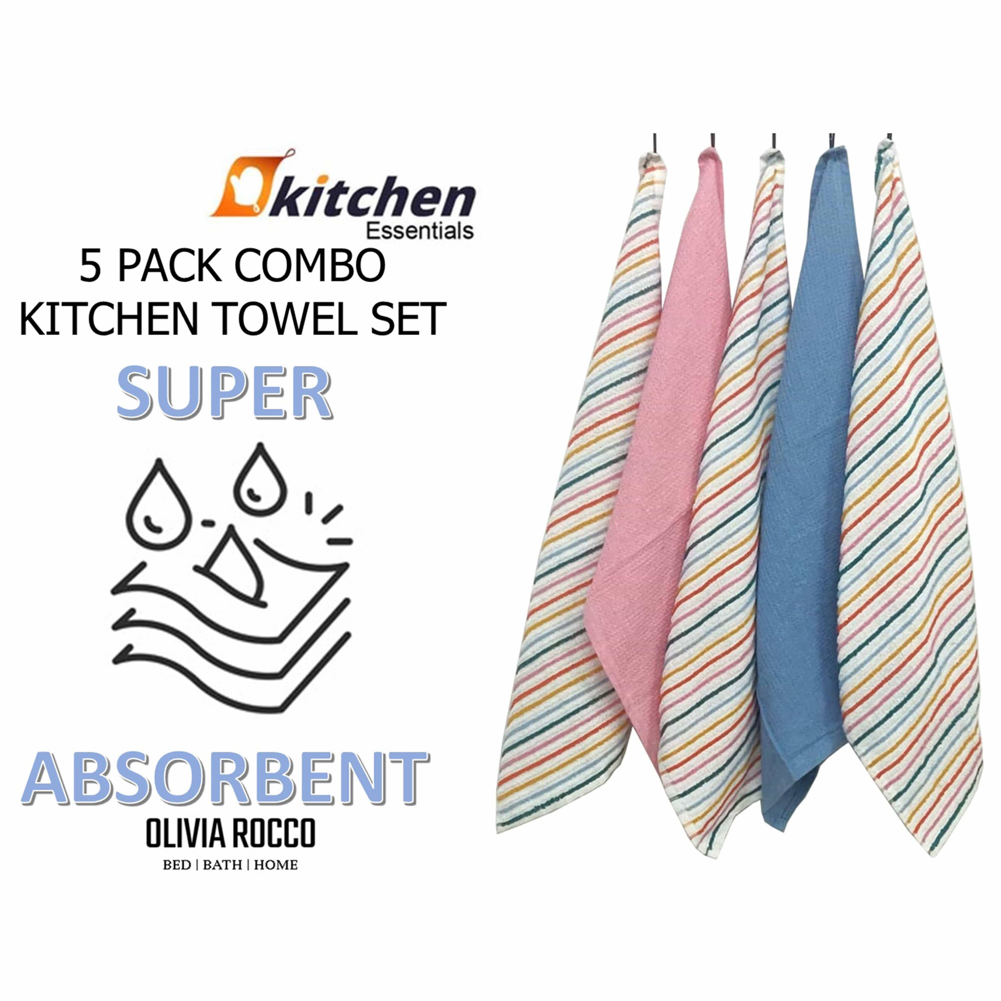 OLIVIA ROCCO 5 Pack Striped Cotton Kitchen Tea Towels