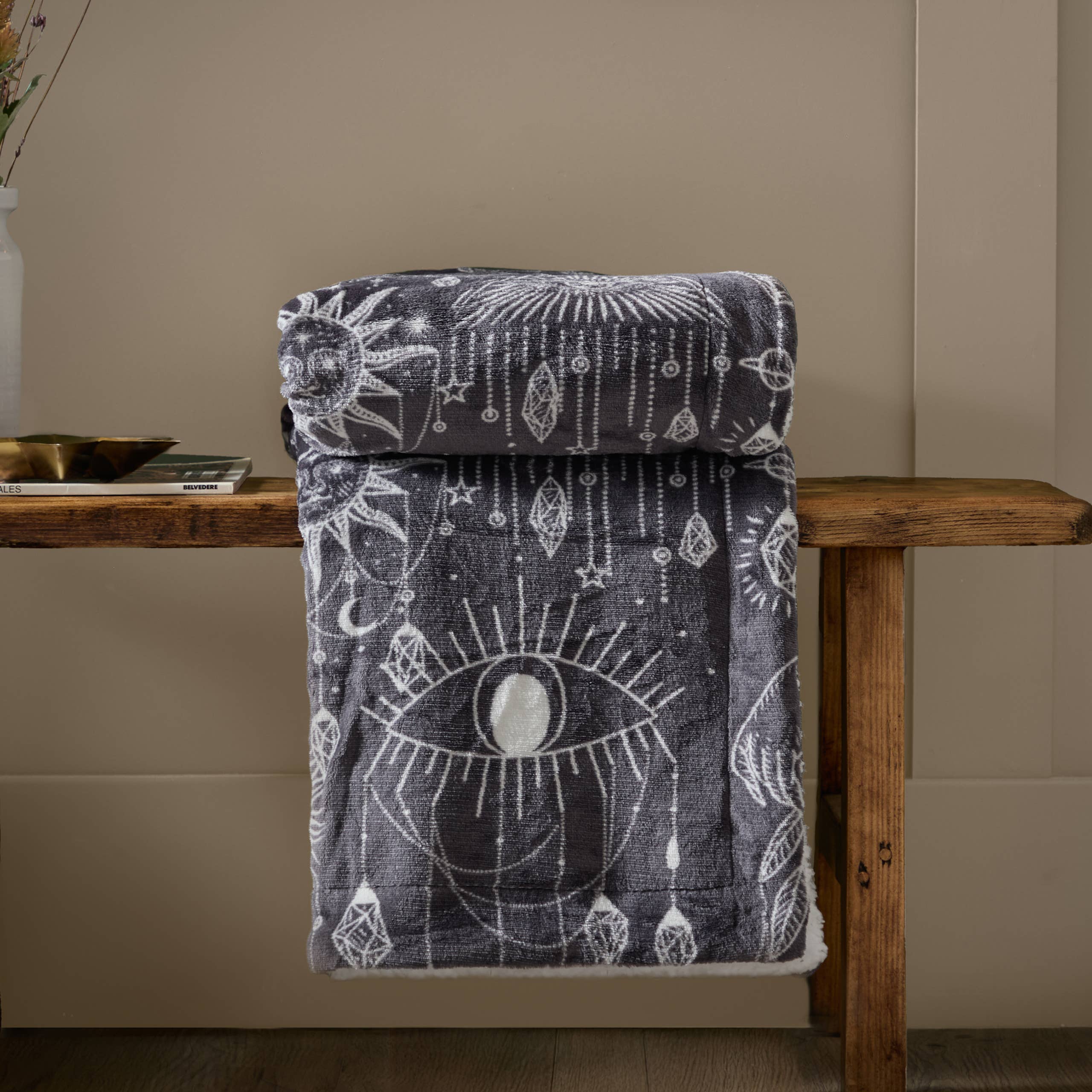 Constellation Printed Sherpa Fleece Throw Charcoal Cream