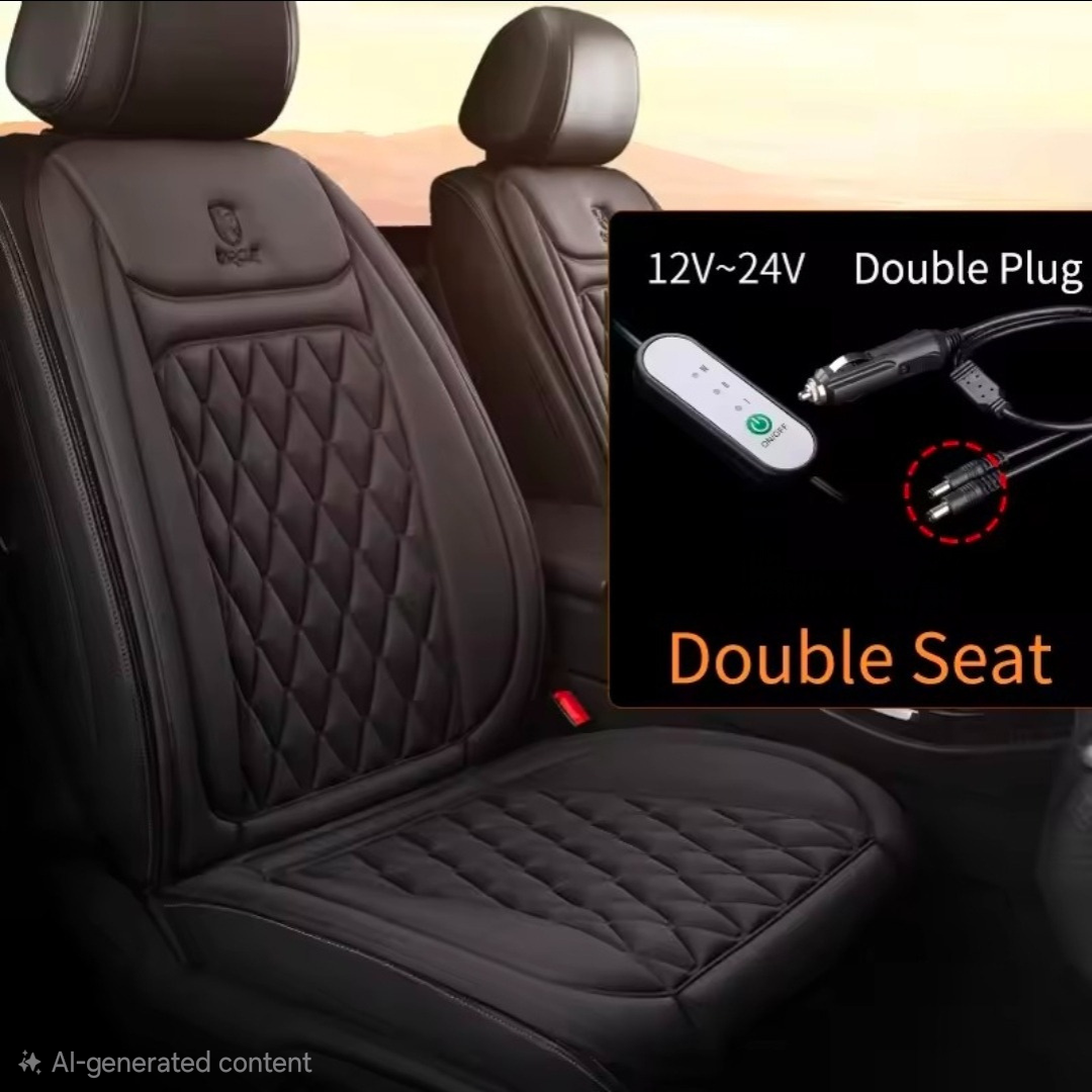 12V heated seat cover plugged in – fast warming travel accessory – The Van Haven