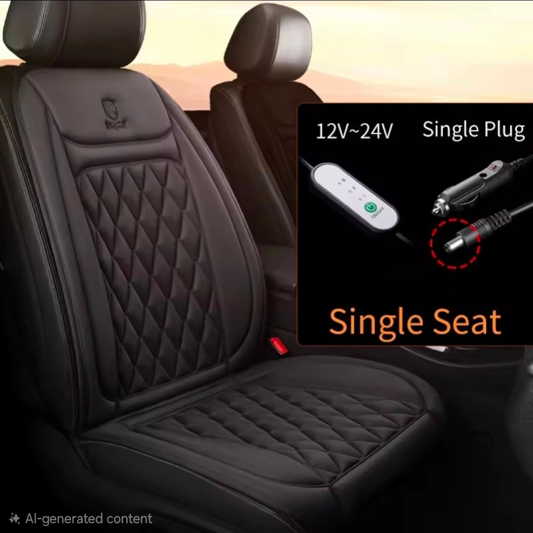 12V heated seat cover plugged in – fast warming travel accessory – The Van Haven